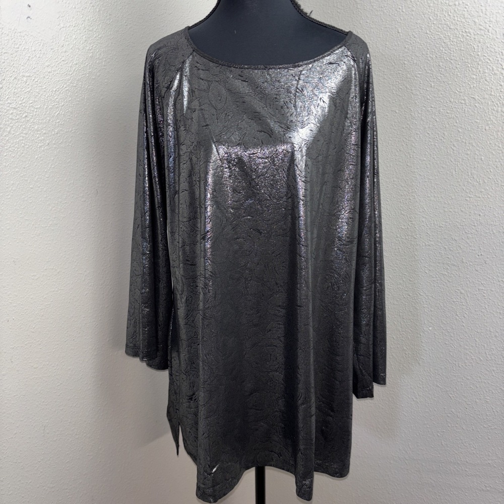 Susan Graver Metallic Blouse Women's XL Black Floral Liquid Knit Party Classic